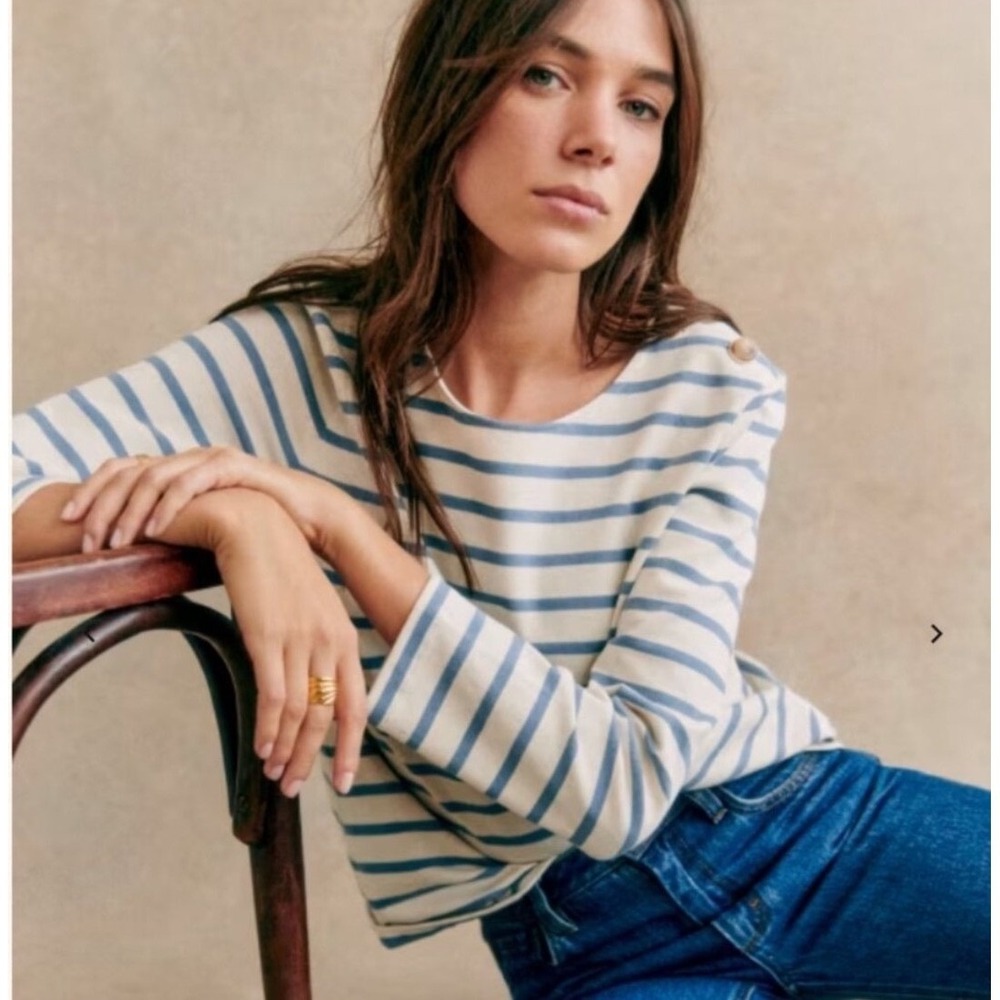 Sezane Colette Mariniere Striped Top Ecru Vintage Blue Button Shoulder NWT‎